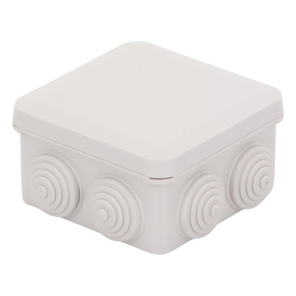 Caja Estanca, Derivación, Conexión de Plástico (89 X 89 X 50 mm) con 7 Glándulas de Goma. Para Instalaciones Comerciales,  Residenciales e Industriales. Cerrado a Presión.