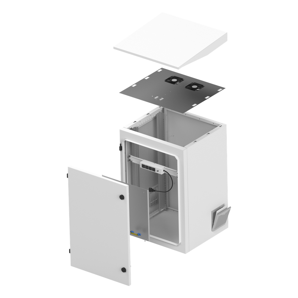 Gabinete de Exterior con Rack de 19" de 16U con Ventiladores y Termostato, Se envía el Gabinete Armado. (Montaje a poste o torre se vende por separado).