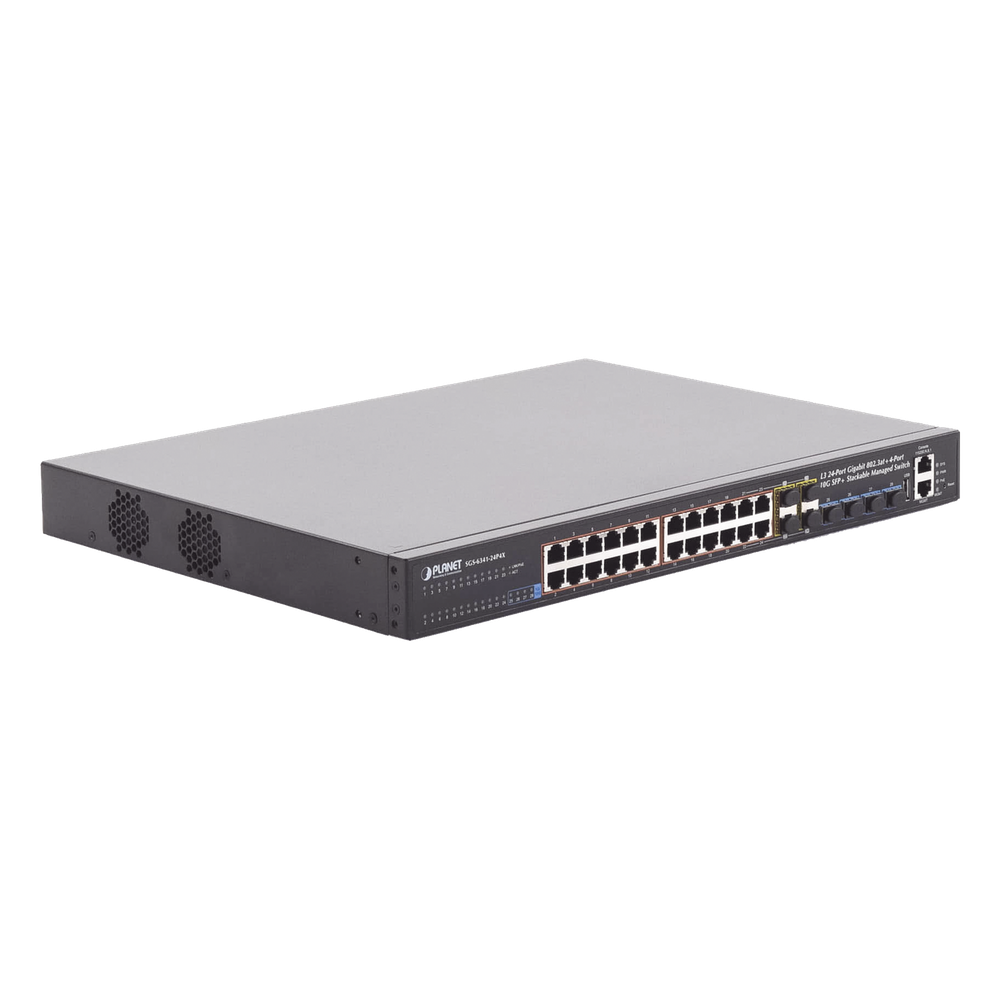 Switch Administrable Stacking Capa 3, 24 Puertos PoE 802.3af/at 10/100/1000T, Hasta 370 W,  4 Puertos 10G SFP+