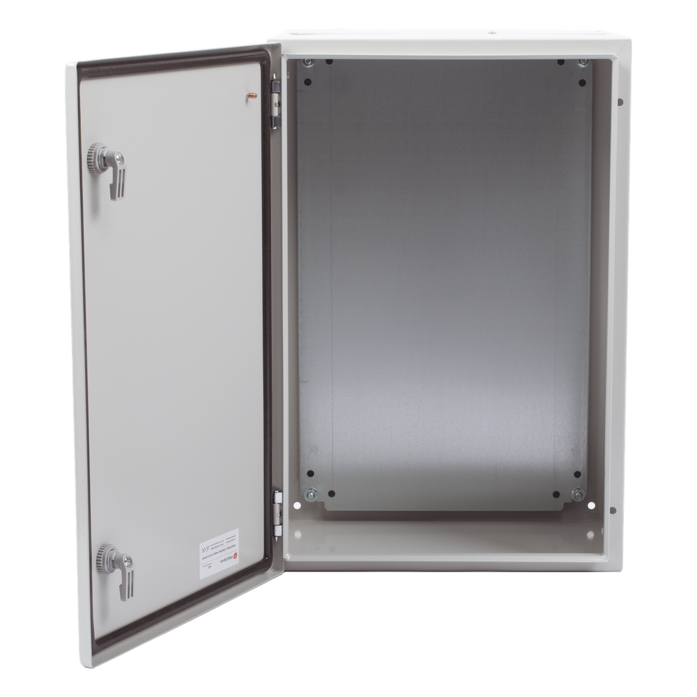 Gabinete de Acero IP66 Uso en Intemperie (400 x 600 x 250 mm) con Placa Trasera Interior Metálica y Compuerta Inferior Atornillable (Incluye Chapa y Llave T).