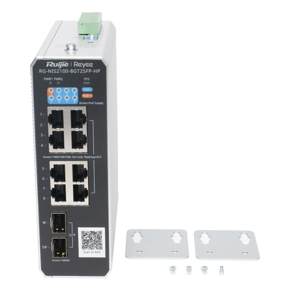 Switch Industrial PoE+ hasta 300 watts , Ideal para temperaturas Extremas y protección contra descargas, 1 puerto PoE++ 60W y 7 puertos PoE+ 30W, 2 SFP Uplink