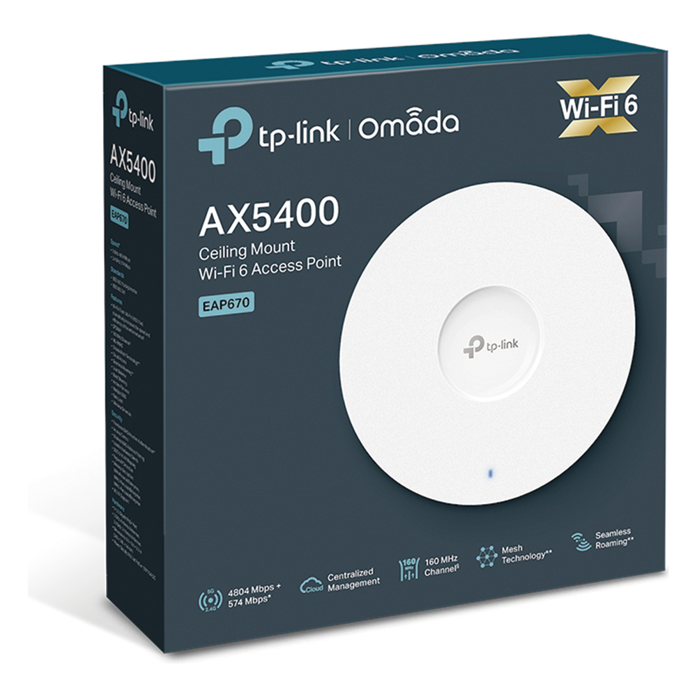 Punto de Acceso Omada / Wi-Fi 6 AX5400 MU-MIMO 4x4 /  Mesh Omada / Alta Densidad de Usuarios / Configuración por Controlador o Stand-Alone / Para Montaje en Techo/pared / Alimentación PoE+