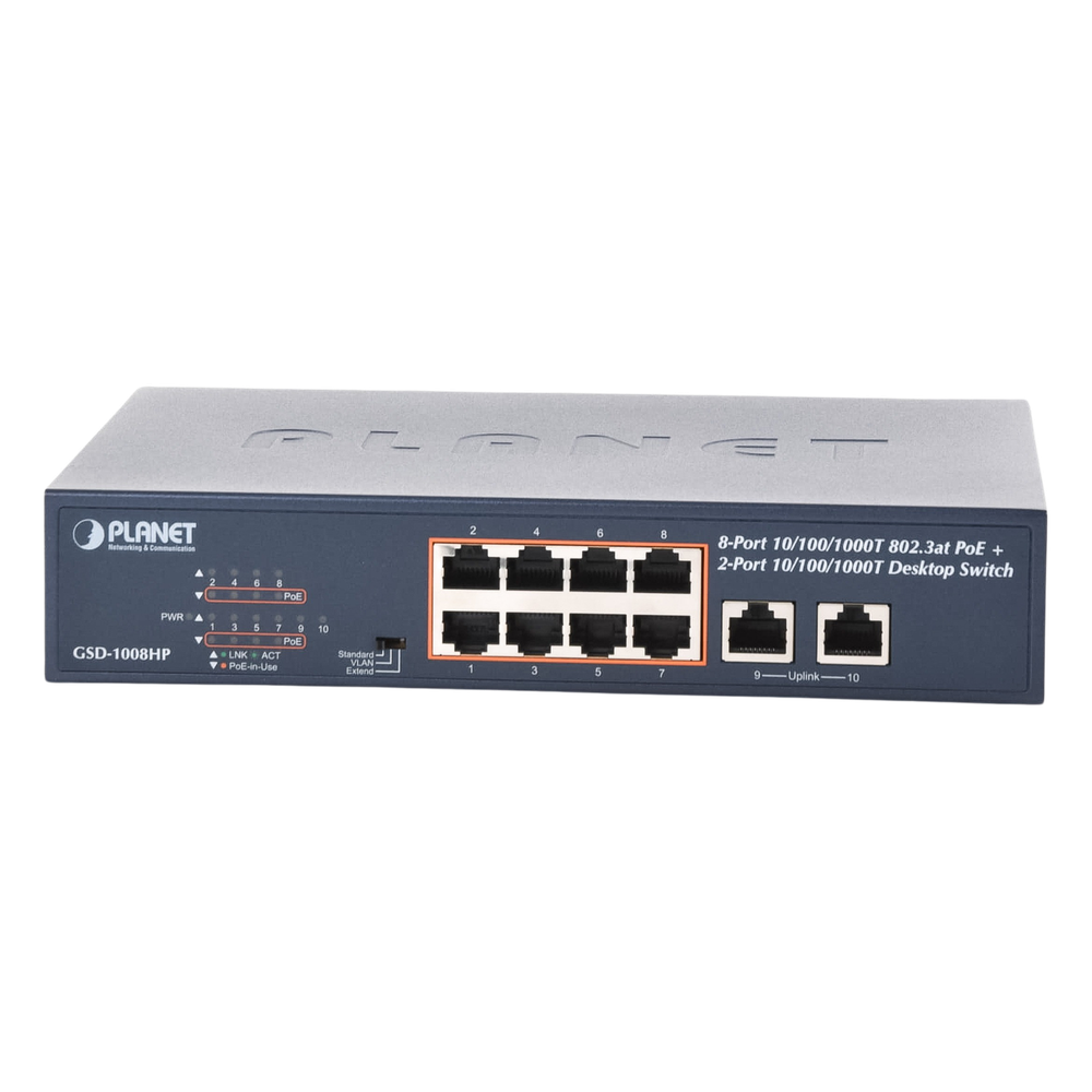 Switch de Escritorio No Administrable / 8 Puertos 10/100/1000T PoE+ 802.3at / 2 Puertos Uplink 10/100/1000T / Presupuesto PoE 120 Watts / Modos Estándar, VLAN y Extend / Distancia Extendida 250 mts / Rackeable