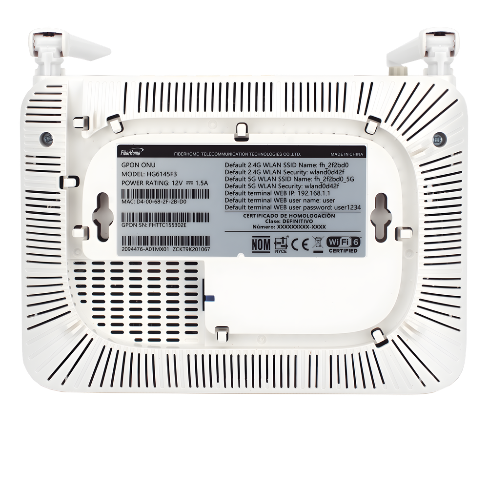 ONU GPON WiFi 6, (2.4/5 GHz), 2 Antenas de 5 dBi, Compatible con OLT de Terceros, 4 puertos Gigabit + 1 POTS + 2 USB, conector SC/UPC