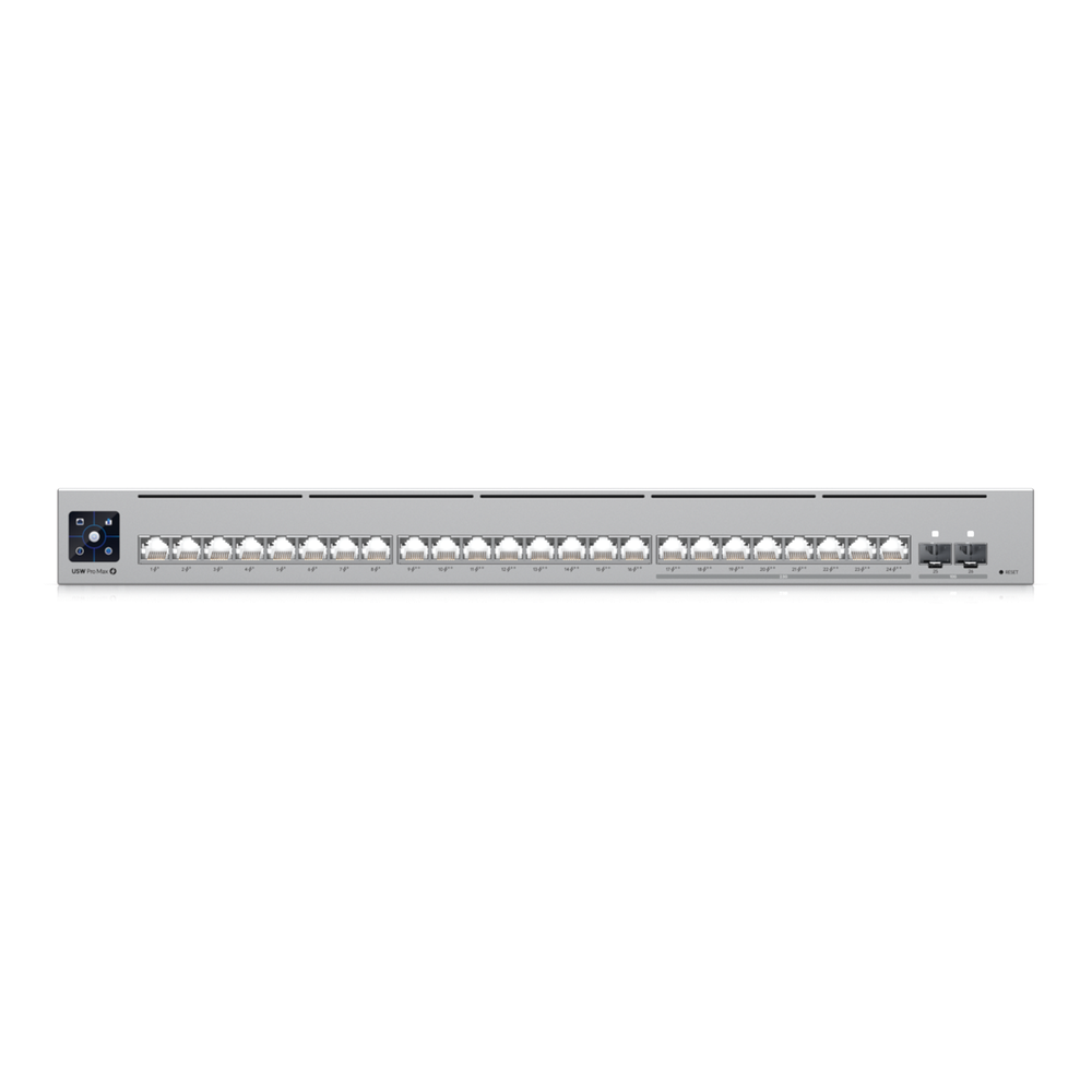 UniFi Switch Pro Max 24 POE, 24 puertos (8 puertos POE++ 2.5 GbE y 16 puertos GbE POE+), 2 puertos SFP+ 10G, 400W, pantalla táctil