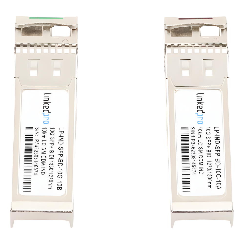 Transceptores Ópticos Industriales Bidireccionales SFP+ (Mini-Gbic) / Monomodo 1270 & 1330 nm / 10 Gbps / 10GBASE / Conector LC/UPC Simplex / DDM / Hasta 10 km / 2 Piezas