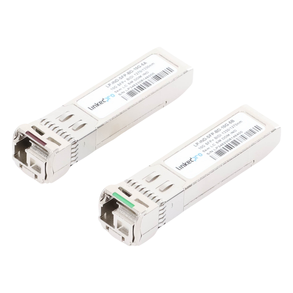 Transceptores Ópticos Industriales Bidireccionales SFP+ (Mini-Gbic) / Monomodo 1270 & 1330 nm / 10 Gbps / 10GBASE / Conector LC/UPC Simplex / DDM / Hasta 5 km / 2 Piezas