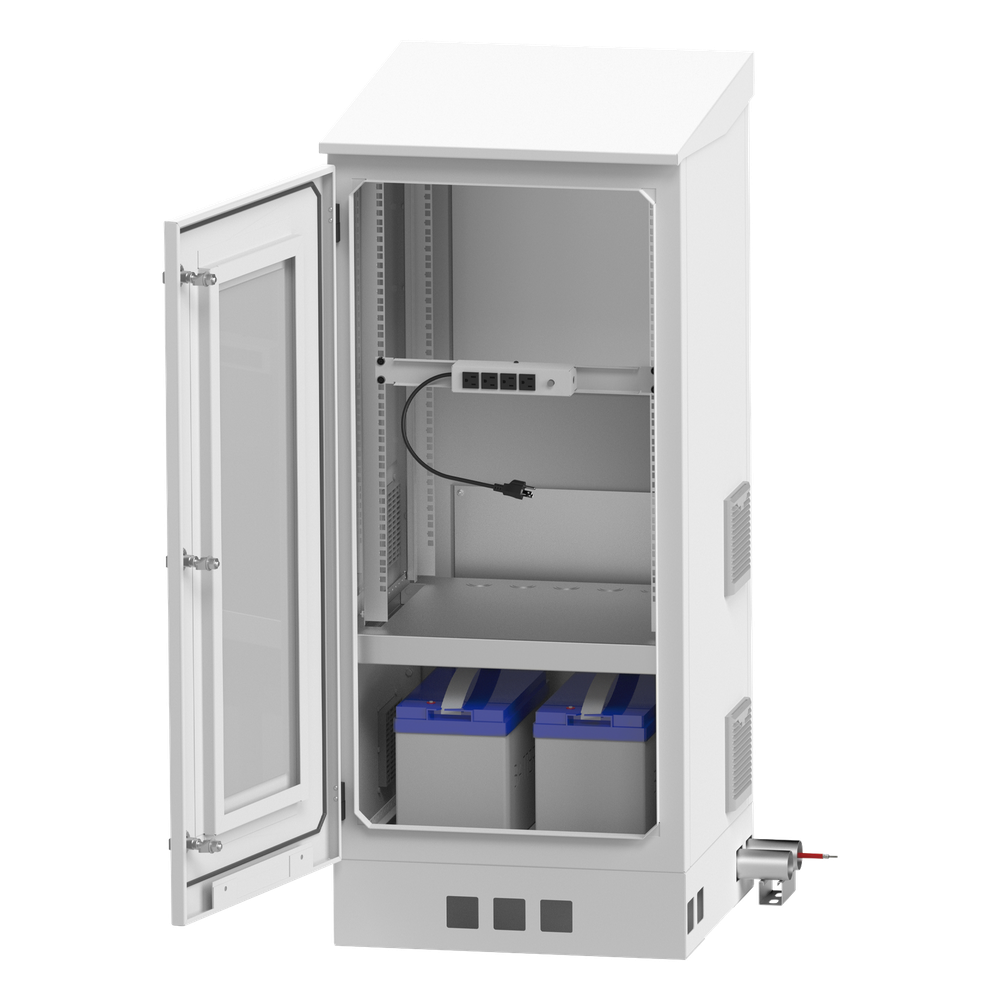 Gabinete de Piso para Exterior con Ventiladores y Termostato con Rack de 19" de 16 U + Espacio para Baterías, Se envía el Gabinete Armado.