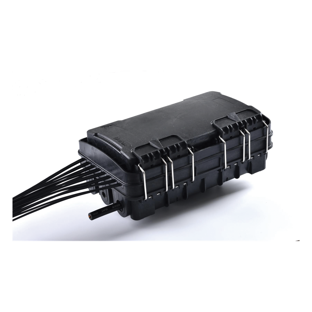 Caja de Distribución de Fibra Óptica para 24 Empalmes, con 16 acopladores SC/APC simplex, Exterior IP65, Color Negro