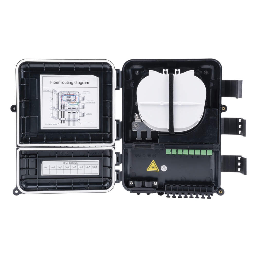 Caja de Distribución de Fibra Óptica para 24 Empalmes, con 8 Acopladores SC/APC Simplex, Exterior IP55, Color Negro