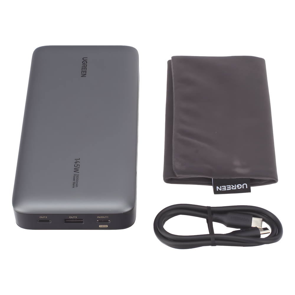 Power Bank de 25000mAh | 3 Salidas 145W Max. | USB-A + 2 USB-C | PD 3.0, QC3.0 | FCP | SCP | Pantalla Inteligente | Carcasa Ignifuga | Color Gris | Incluye Cable USB de 50cm | Carga tu Laptop de Manera Segura.