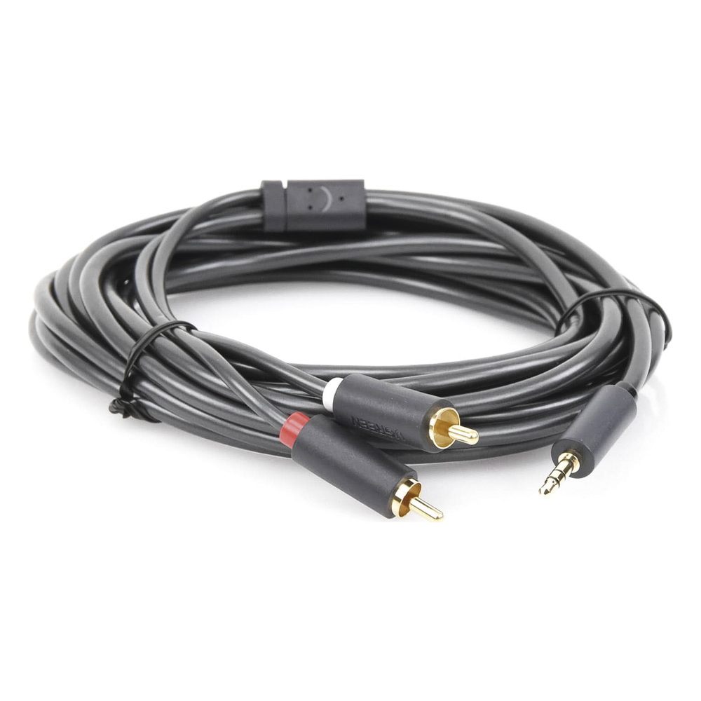 Cable Adaptador de 3.5mm Macho a 2 RCA Macho / 5 Metros (16.40 Pies) / Color Gris / Blindaje Múltiple / ABS / Alta Calidad