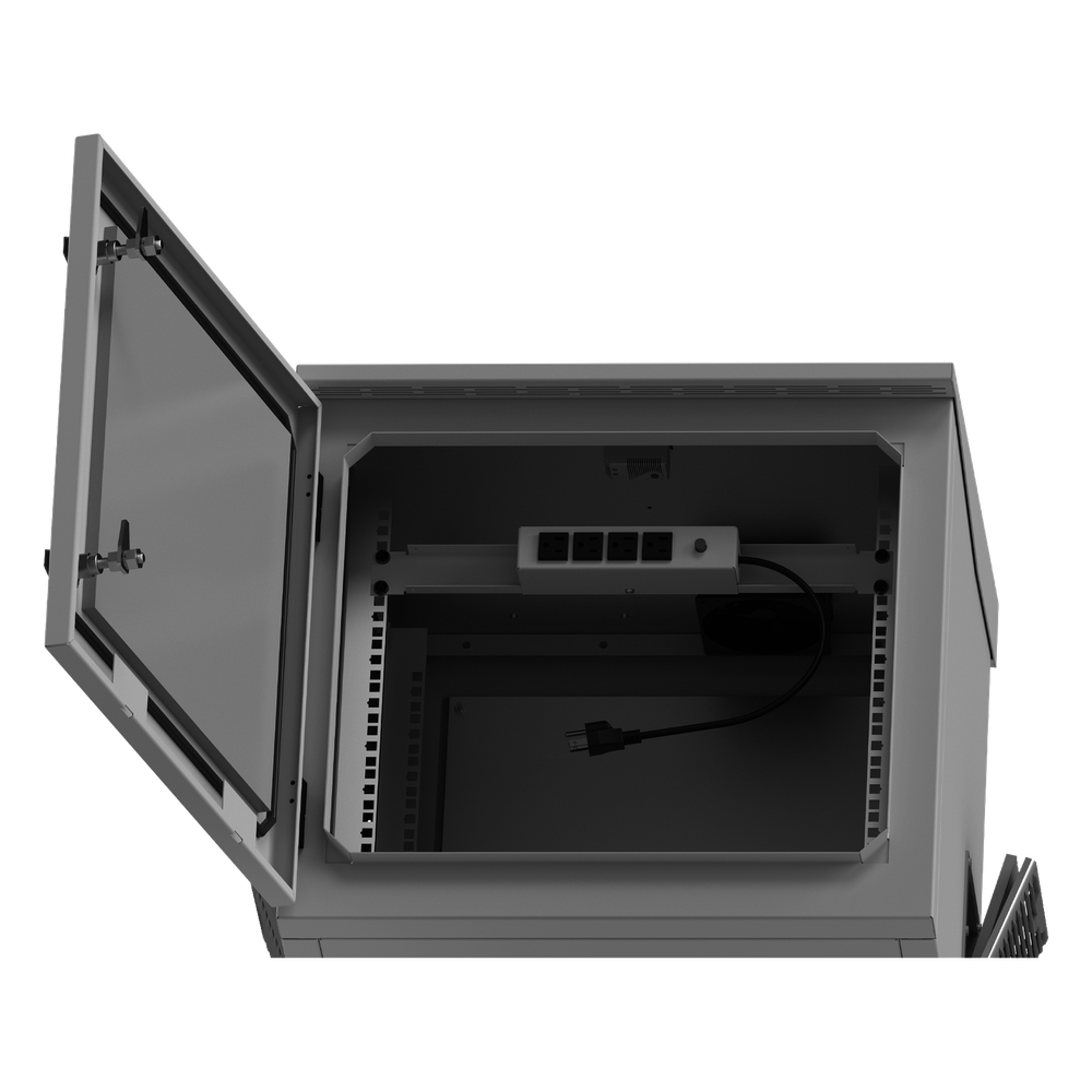 Gabinete de Exterior con Rack de 19" de 9UR con Ventiladores y Termostato, Se envía el Gabinete armado, (Montaje a poste o torre se vende por separado).