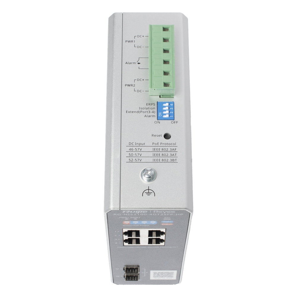 Switch Industrial PoE+ hasta 180 watts , Ideal para temperaturas Extremas y protección contra descargas, 1 puerto PoE++ 60W y 3 puertos PoE+ 30W, 2 SFP Uplink