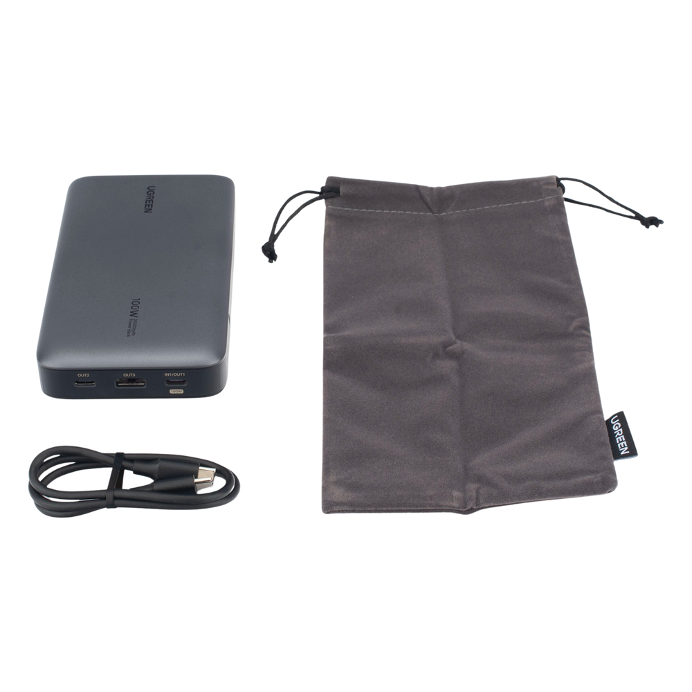 Power Bank de 20000mAh | 3 Salidas 100W Max. | USB-A + 2 USB-C | PD 3.0 | QC3.0 | FCP | SCP | Pantalla Inteligente | Carcasa Ignifuga | Color Gris | Incluye Cable USB de 50cm | Carga tu Laptop de Manera Segura.