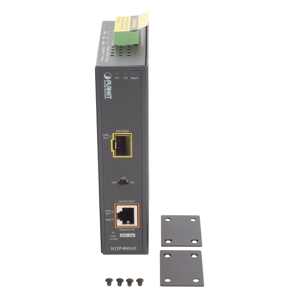 Convertidor de Medios PoE Industrial, Puerto SFP 1000BASE-SX/LX a Puerto RJ45 Gigabit con Salida PoE 802.3at (Hasta 30 W).
