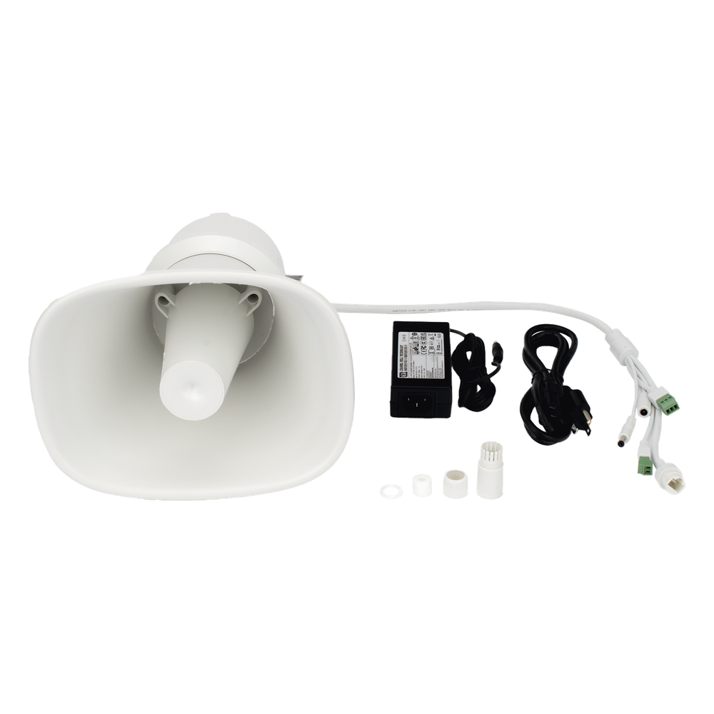 Bocina (Altavoz IP ) | Tipo Trompeta | 25 Watts | No requiere amplificador | 24VCD | Exterior IP67 | Metal | Entrada de alarma | Voceo en tiempo real | Calendarización de audios | Síntesis de Voz (TTS)