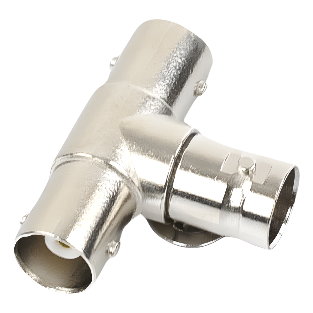 Adaptador en T para 75 Ohm de triple conectores BNC Hembras, Níquel/ Oro/ Teflón.