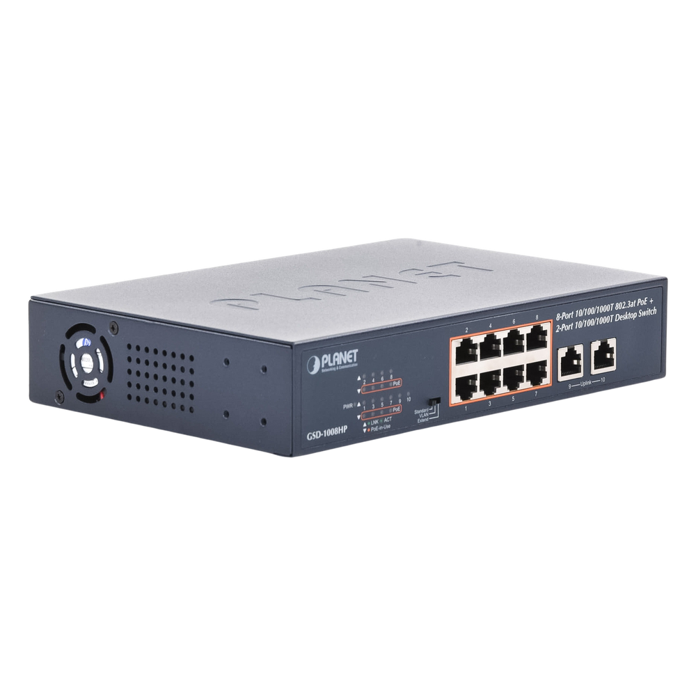 Switch de Escritorio No Administrable / 8 Puertos 10/100/1000T PoE+ 802.3at / 2 Puertos Uplink 10/100/1000T / Presupuesto PoE 120 Watts / Modos Estándar, VLAN y Extend / Distancia Extendida 250 mts / Rackeable