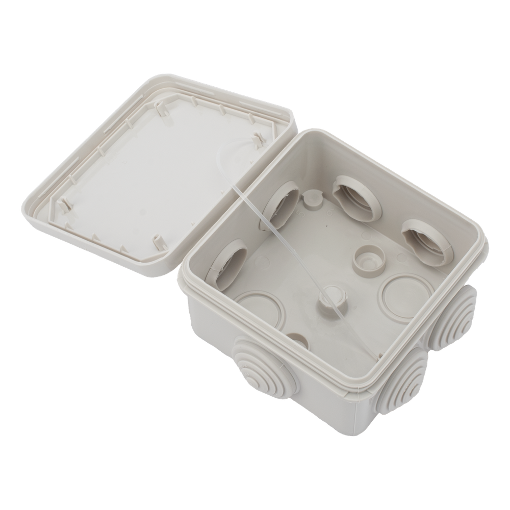 Caja Estanca, Derivación, Conexión de Plástico (89 X 89 X 50 mm) con 7 Glándulas de Goma. Para Instalaciones Comerciales,  Residenciales e Industriales. Cerrado a Presión.
