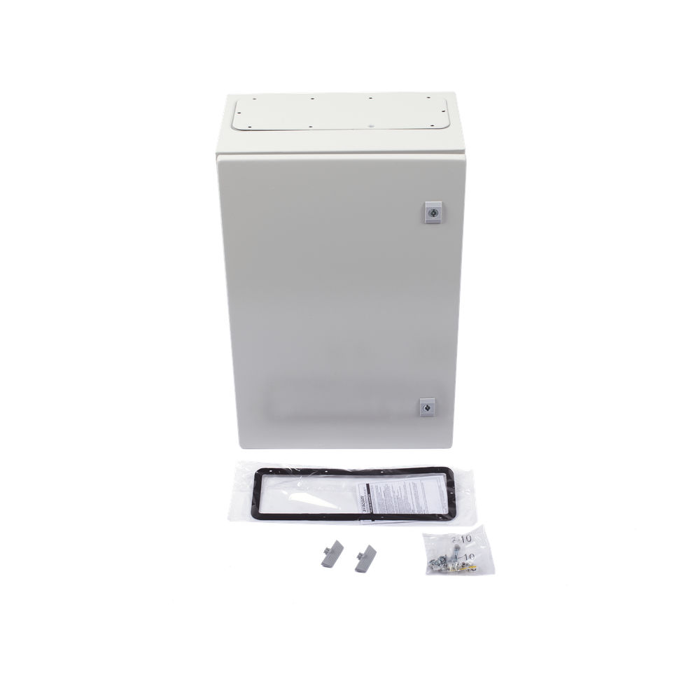 Gabinete de Acero IP66 Uso en Intemperie (400 x 600 x 250 mm) con Placa Trasera Interior Metálica y Compuerta Inferior Atornillable (Incluye Chapa y Llave T).