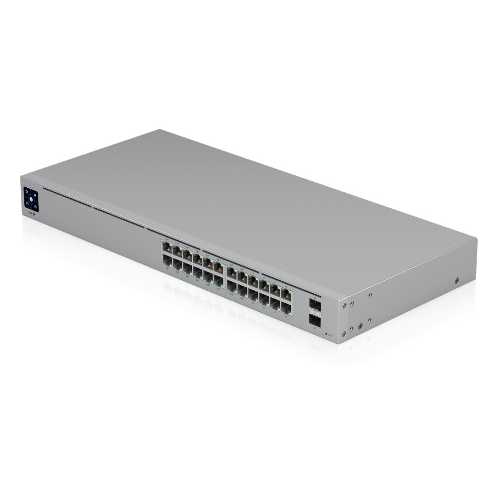 Switch UniFi Capa 2 / 24 Puertos Gigabit / 16 Puertos PoE+ 802.3af/at / 95W Total / 2 Puertos SFP 1G / Pantalla LCM / Sin Ventilador