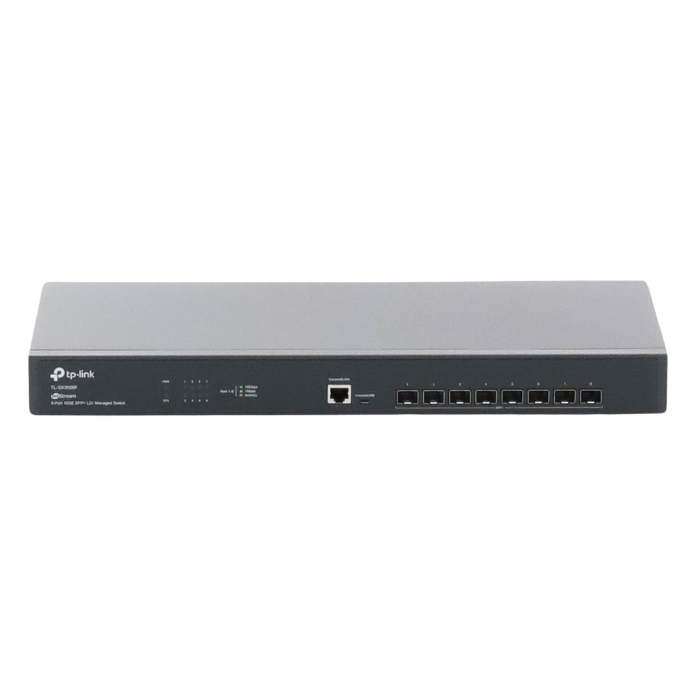 Switch Fibra Óptica L2+ Omada / 8 Puertos SFP+ 10G /  2 Puertos Consola (RJ45 y micro-USB) / Administración Centralizada Omada o Stand-Alone / Multicast IGMP / Calidad de Servicio / Montaje en Rack / Silencioso (sin ventiladores)
