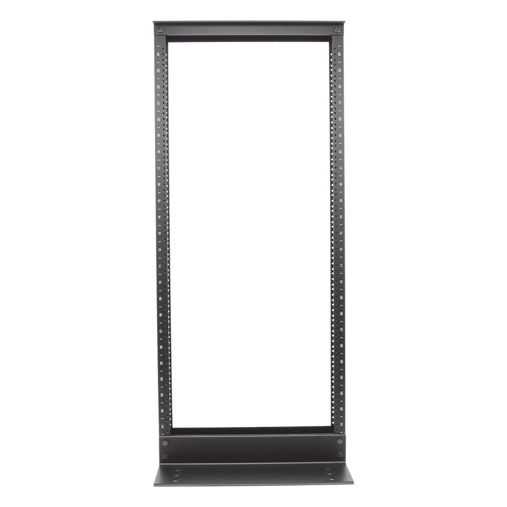 Rack de Dos Postes Estándar de 19 in, Rieles Numerados y Roscados #12-24, Fabricado en Aluminio, 24 Unidades de Rack, Color Negro