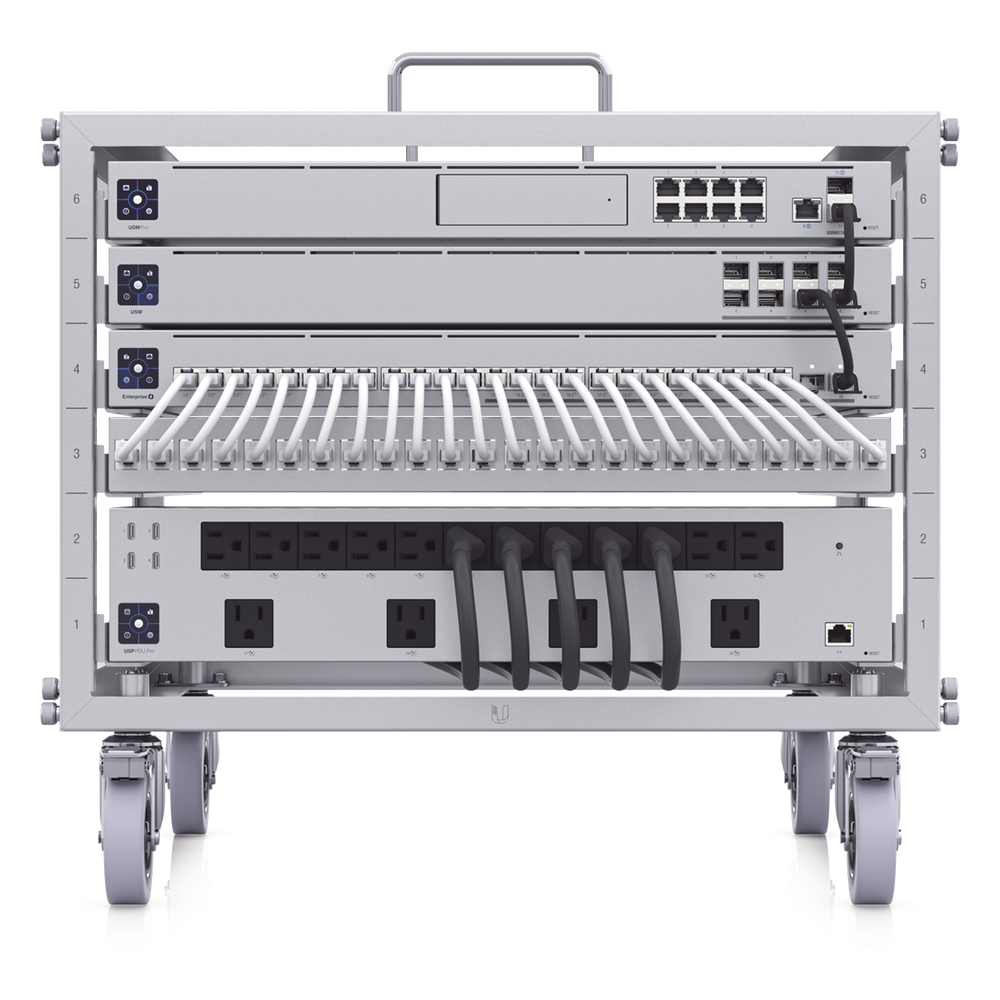 Rack Abierto 6U Compacto y Apilable sin Herramientas para Equipos UniFi, Ensamblaje Toolless, Ruedas con Seguro y Expansión a 12U con Kit de Apilado