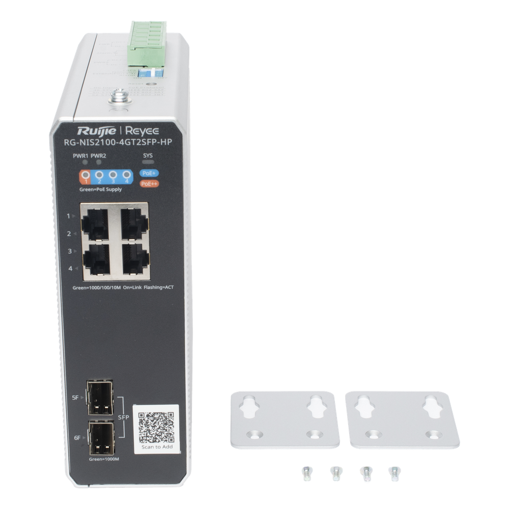 Switch Industrial PoE+ hasta 180 watts , Ideal para temperaturas Extremas y protección contra descargas, 1 puerto PoE++ 60W y 3 puertos PoE+ 30W, 2 SFP Uplink
