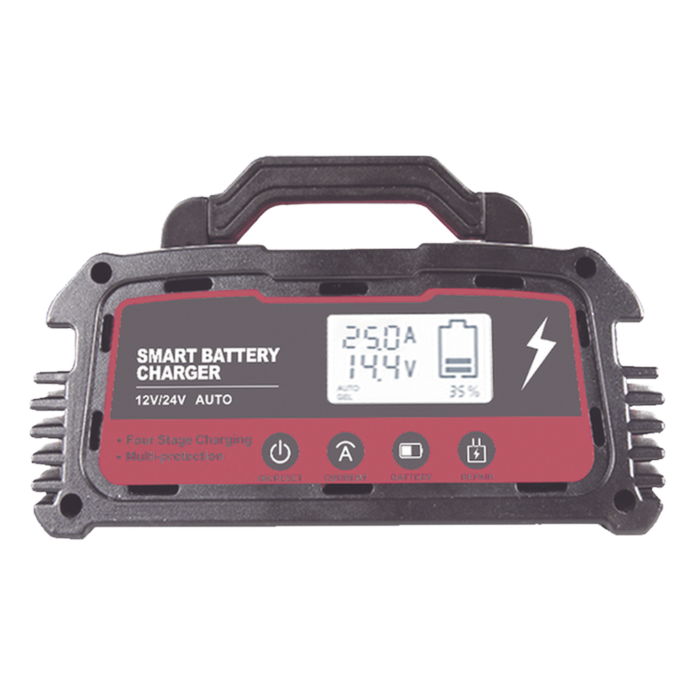 Cargador de Baterías / 12 o 24 Vcc / hasta 250 Ah / 25 A / Display LCD