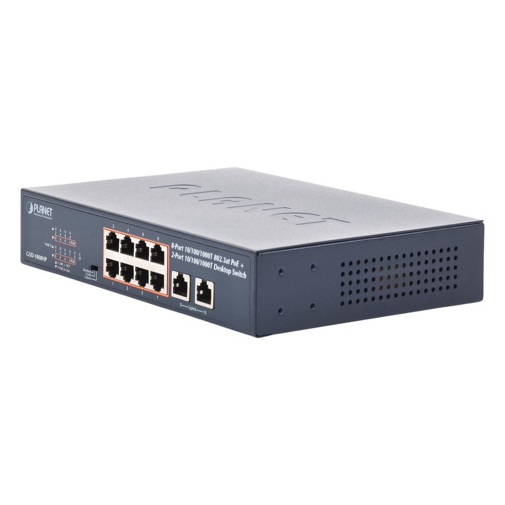 Switch de Escritorio No Administrable / 8 Puertos 10/100/1000T PoE+ 802.3at / 2 Puertos Uplink 10/100/1000T / Presupuesto PoE 120 Watts / Modos Estándar, VLAN y Extend / Distancia Extendida 250 mts / Rackeable