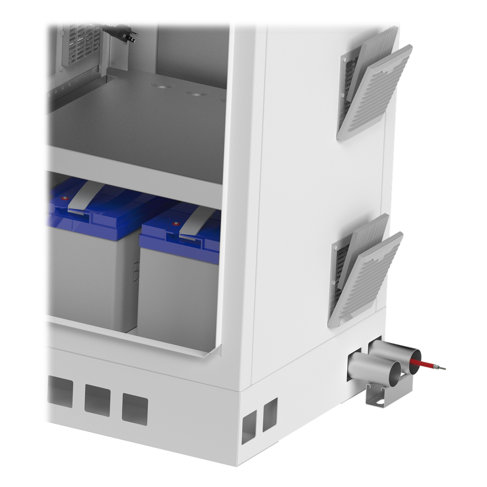 Gabinete de Piso para Exterior con Ventiladores y Termostato con Rack de 19" de 16 U + Espacio para Baterías, Se envía el Gabinete Armado.