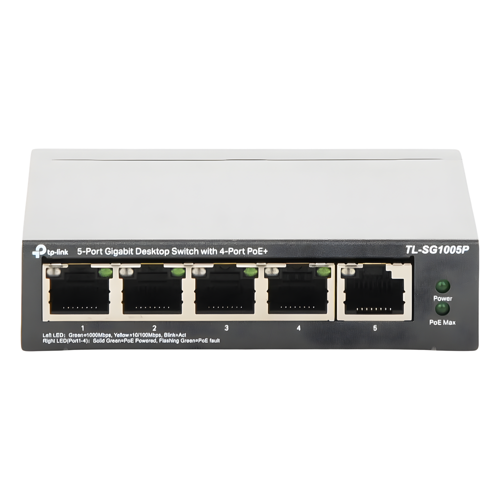 Switch Escritorio No Administrable de 5 puertos 10/100/1000 Mbps / Con 4 puertos PoE 802.3af/at de hasta 65 W / PoE Extendido hasta 250 metros
