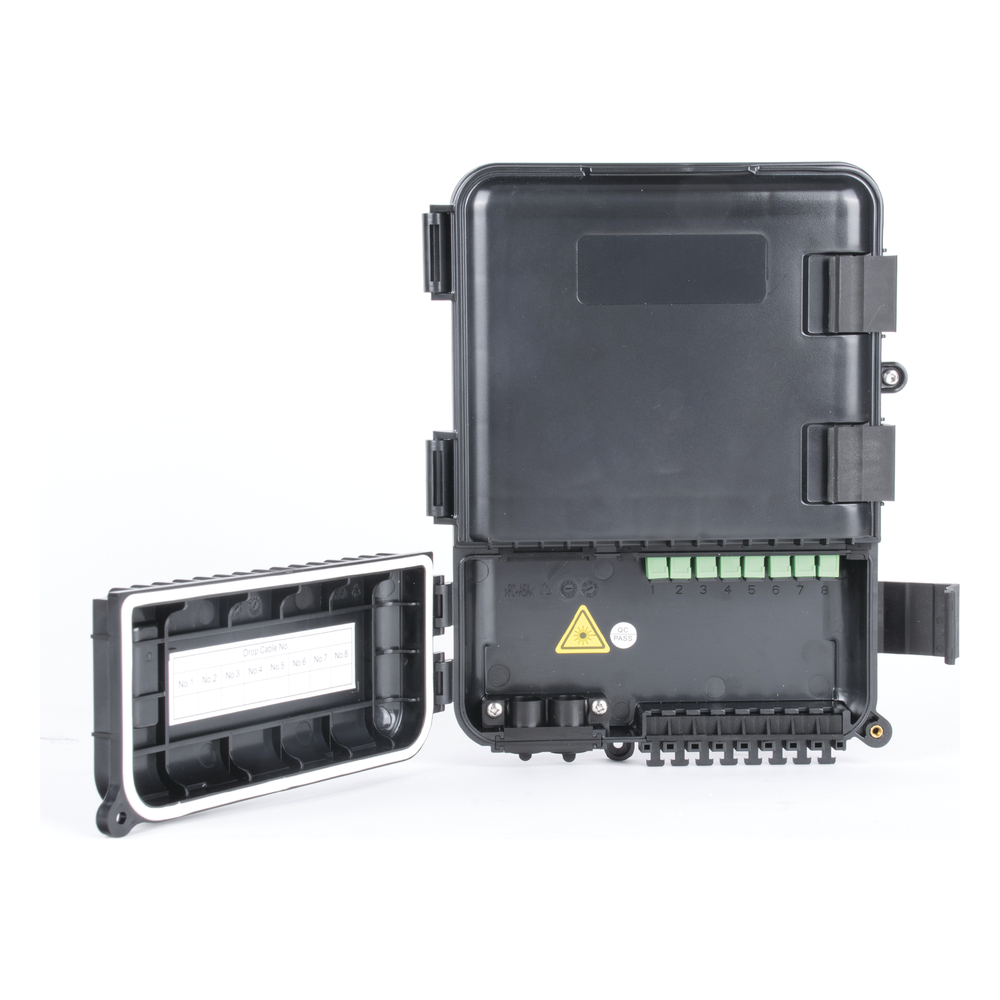 Caja de Distribución de Fibra Óptica para 24 Empalmes, con 8 Acopladores SC/APC Simplex, Exterior IP55, Color Negro