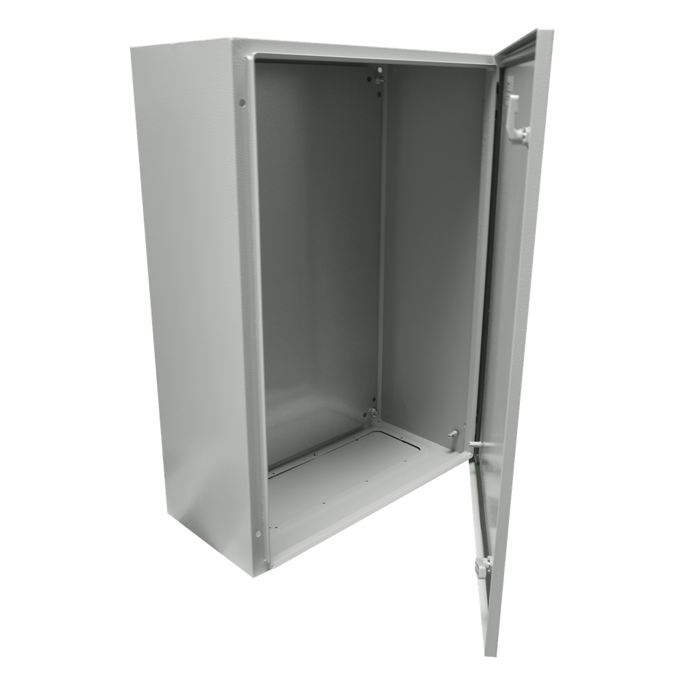 Gabinete de Acero IP66 Uso en Intemperie (500 x 700 x 250 mm) con Placa Trasera Interior Metálica y Compuerta Inferior Atornillable (Incluye Chapa y Llave T).