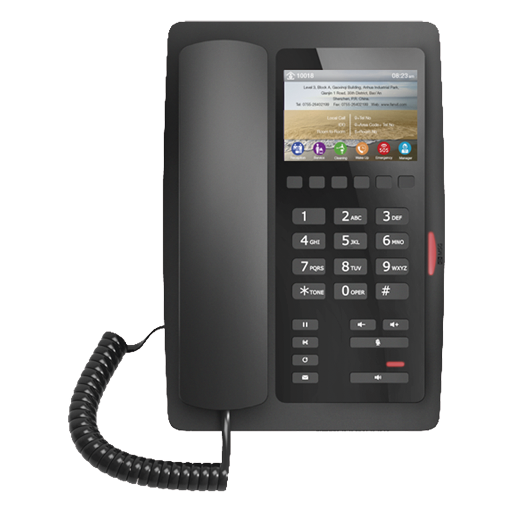Teléfono IP Hotelero / Pantalla LCD Color 3.5" / 2 Líneas SIP / 6 Teclas Programables Hotline / Puerto USB Carga / PoE 802.3af / Personalizable con Logo Hotel