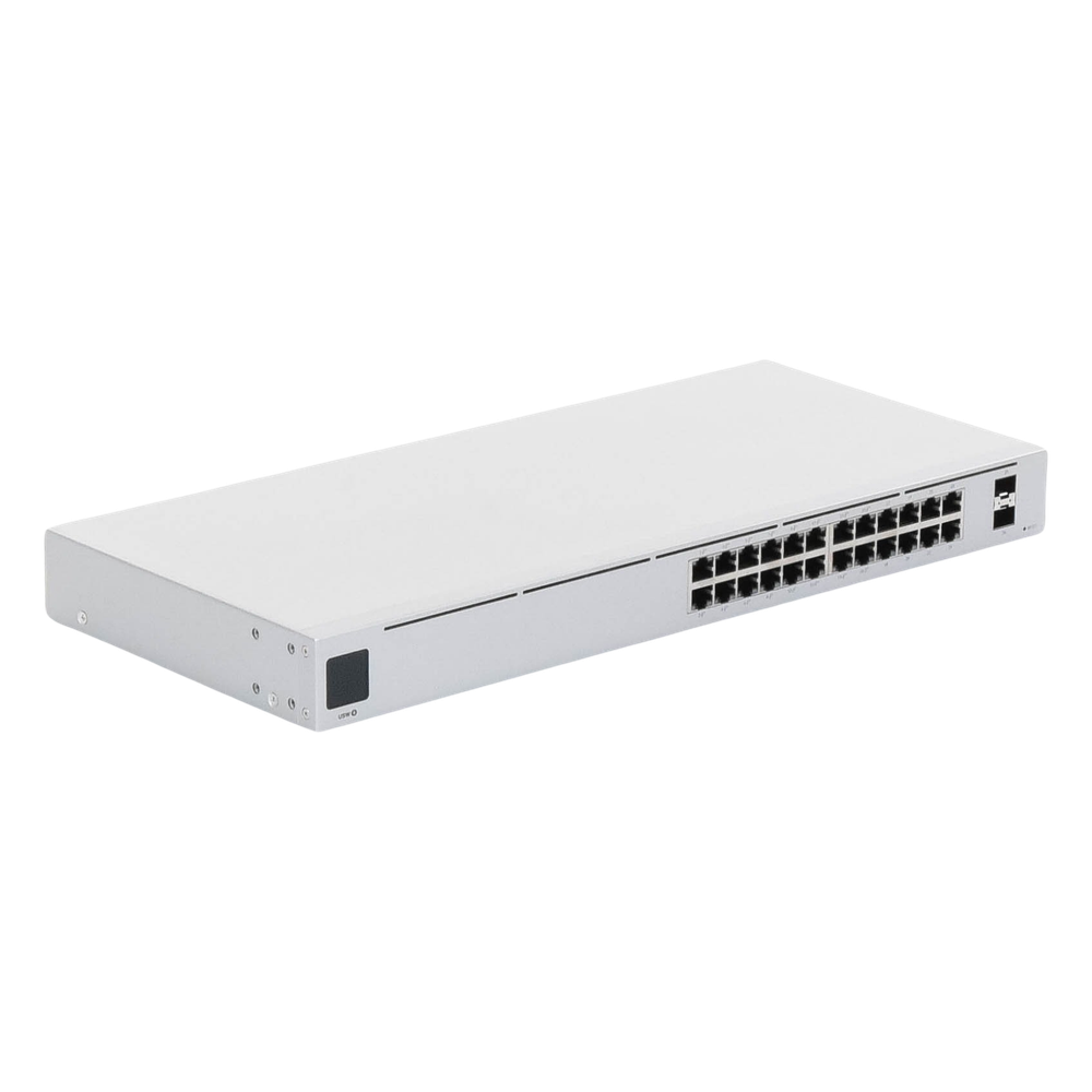 Switch UniFi Capa 2 / 24 Puertos Gigabit / 16 Puertos PoE+ 802.3af/at / 95W Total / 2 Puertos SFP 1G / Pantalla LCM / Sin Ventilador