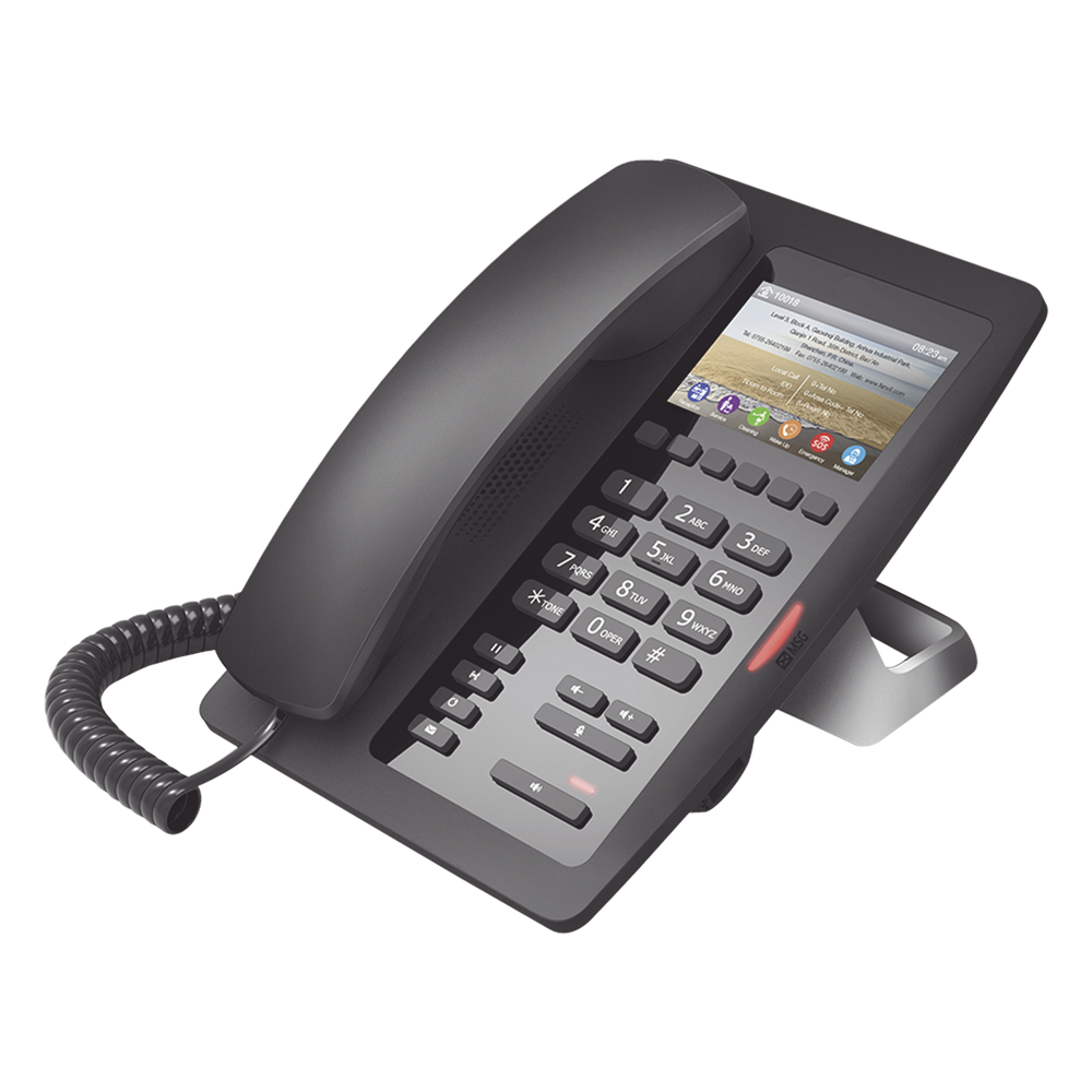 Teléfono IP Hotelero / Pantalla LCD Color 3.5" / 2 Líneas SIP / 6 Teclas Programables Hotline / Puerto USB Carga / PoE 802.3af / Personalizable con Logo Hotel
