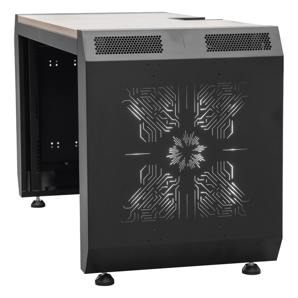 Consola Profesional para Monitoreo o Computo | Ranura para Base de Monitores | Microperforaciones | Luces LED Decorativas | Tomacorriente HTCM1U10C | Tapas Organizadoras de Cables | Niveladores | Rack para Montaje de Equipos | Ranura Pasaca