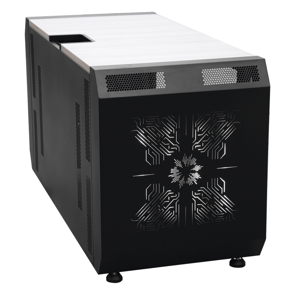 Consola Profesional para Monitoreo o Computo | Ranura para Base de Monitores | Microperforaciones | Luces LED Decorativas | Tomacorriente HTCM1U10C | Tapas Organizadoras de Cables | Niveladores | Rack para Montaje de Equipos | Ranura Pasaca