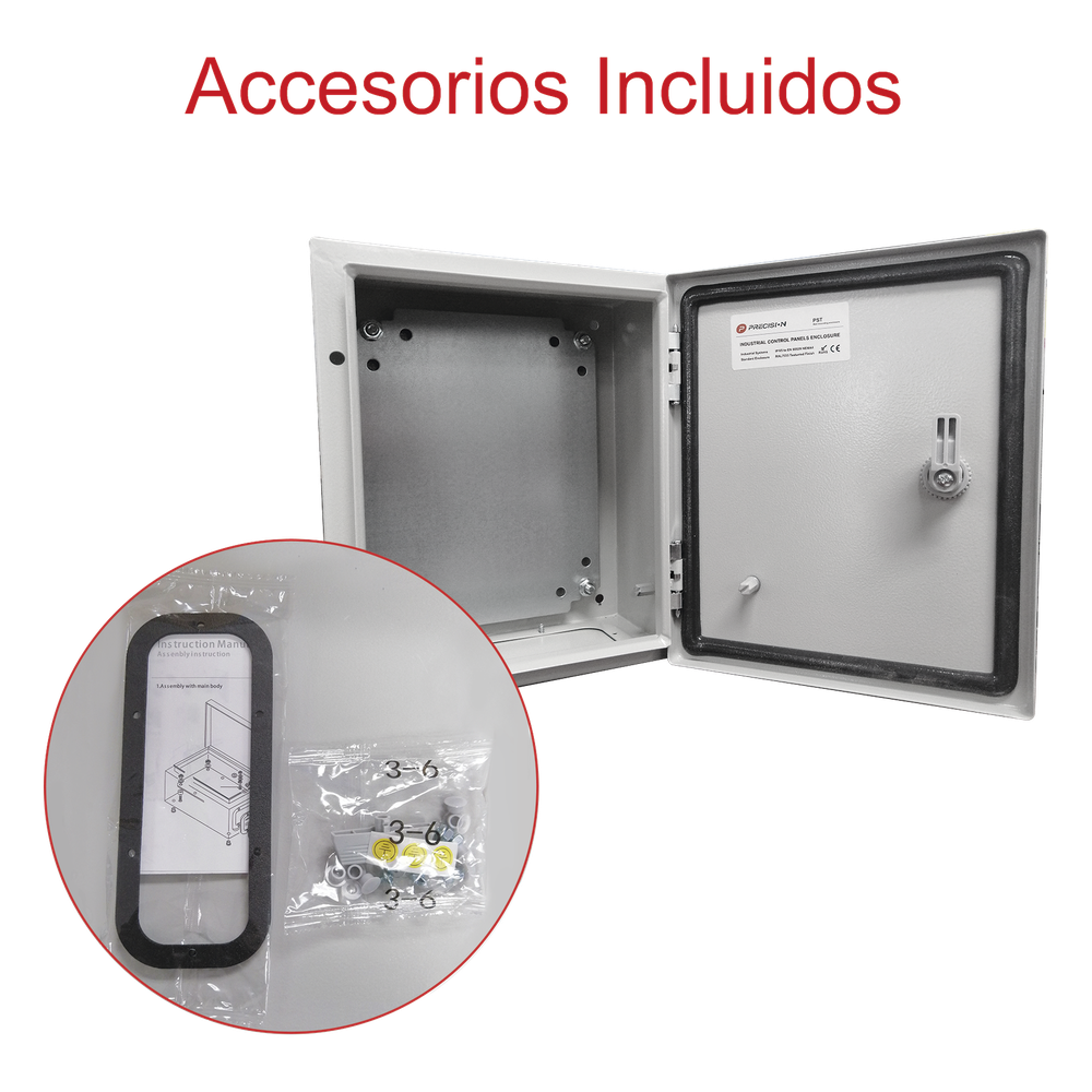 Gabinete de Acero IP66 Uso en Intemperie (250 x 300 x 150 mm) con Placa Trasera Interior Metálica y Compuerta Inferior Atornillable (Incluye Chapa y Llave T).