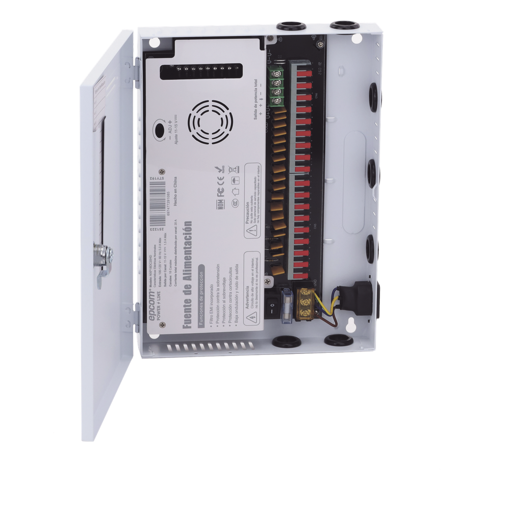 Fuente / 11-15 V / 18 canales / 20 A / Alta tecnología en seguridad / Doble ventilador / Hasta 1.8 Amperes por Salida / Filtro de ruido por canal / Diseño de alta gama.